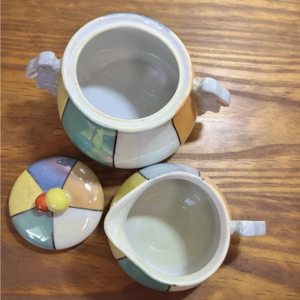 Vintage Japanese Lusterware Creamer & Sugar Wth Rabbit Handle Pastel/Harlequin
